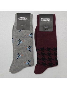 Unsimply Stitched Gray Blue Bird & Burgundy Houndstooth Crew Socks Unisex 8-12